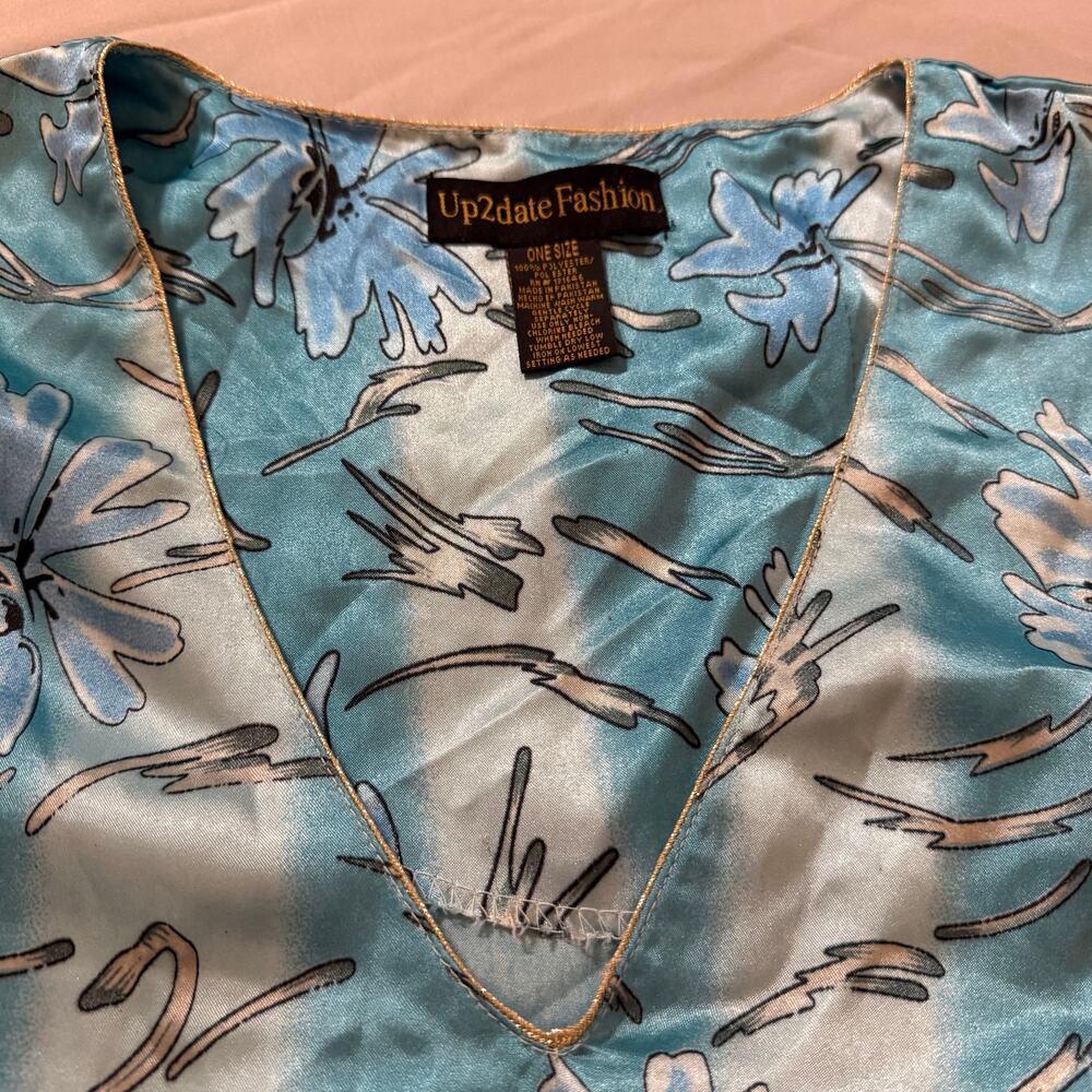 Vintage Up2Date Fashion Blue Floral Satin Kaftan Muumuu One Size - Picture 5 of 9